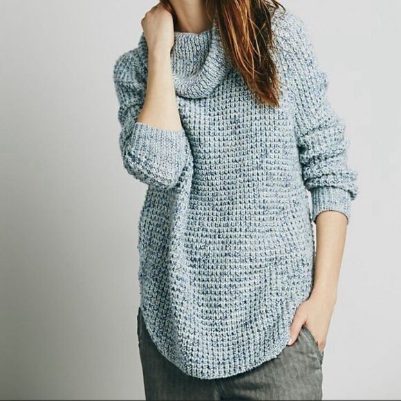 Free People Dylan Tweedy Ice Blue Chunky Turtleneck Cowlneck Sweater Boho XS - Picture 1 of 13